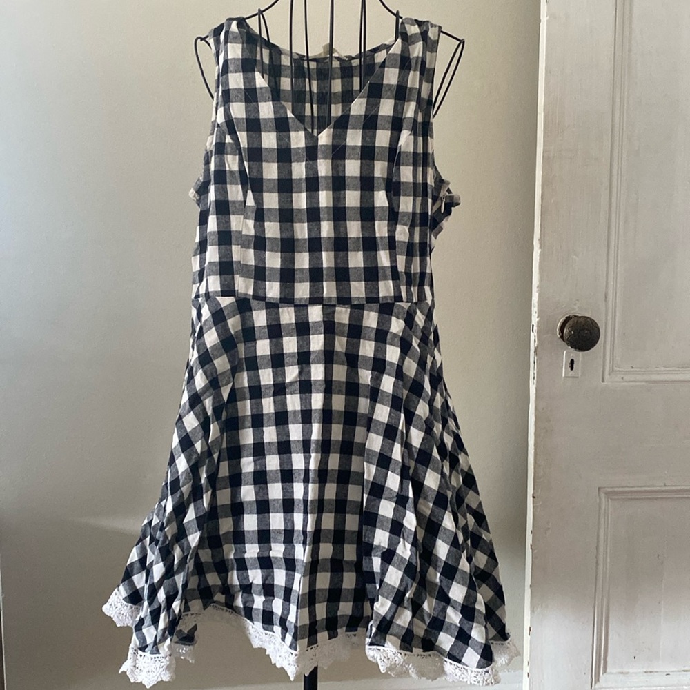 Black gingham fit and flare with lace trim